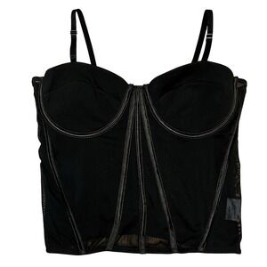 Love University Womens Black Mesh Zip Bustier Corset Sz L Adjustable Strap Goth